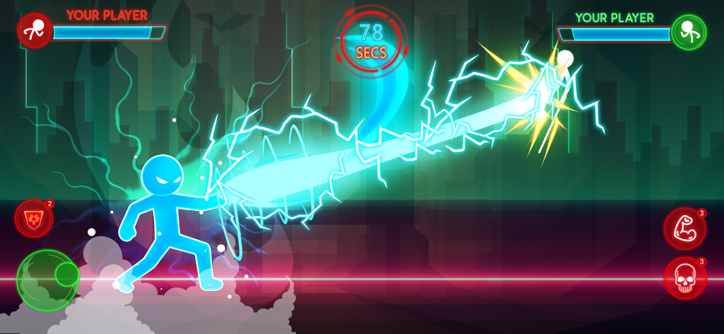 Blue neon stickman performing a powerful energy beam attack in a fighting game