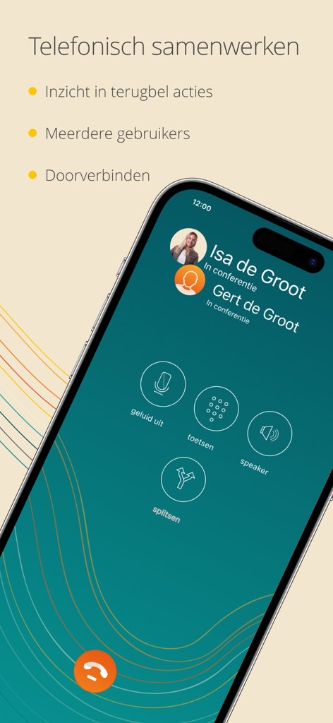 Dubline - 2 telnrs op 1 mobiel - Interfaz de la aplicación Dubline que muestra una llamada de conferencia con miembros del equipo y opciones de gestión de llamadas