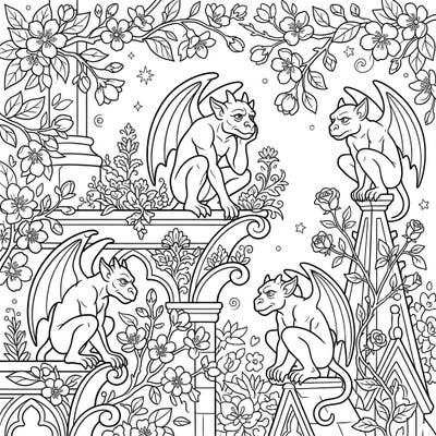 Journey to a fantastical realm where ancient guardians watch over the first signs of spring in this detailed coloring page. Four majestic gargoyles are nestled among blooming cherry blossoms and intricate architectural elements, ready for your artistic touch.