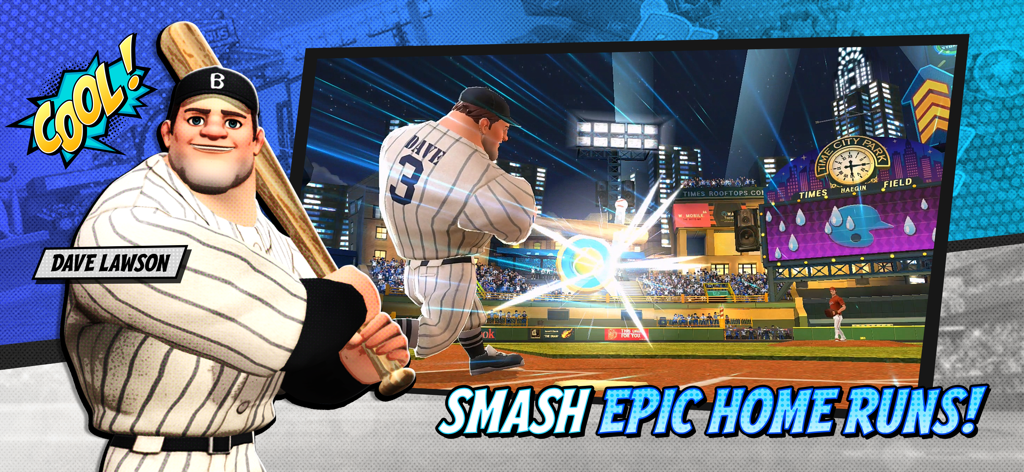 Homerun Clash - Dave Lawson character hitting an epic home run in a night stadium