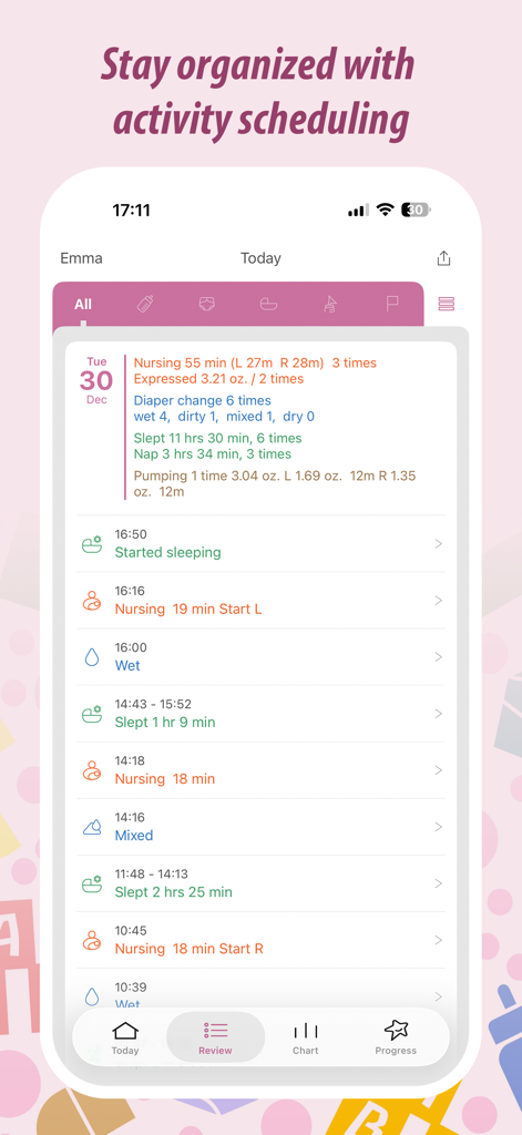 Baby Tracker - Newborn Log - 新生児の1日のログ概要。Baby Trackerアプリで授乳時間、おむつ交換、睡眠パターンが表示されます。