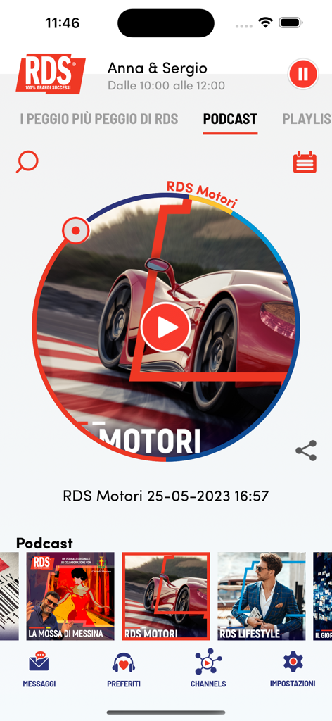 Sezione podcast dell'app radio RDS con il canale RDS Motori e contenuti di lifestyle