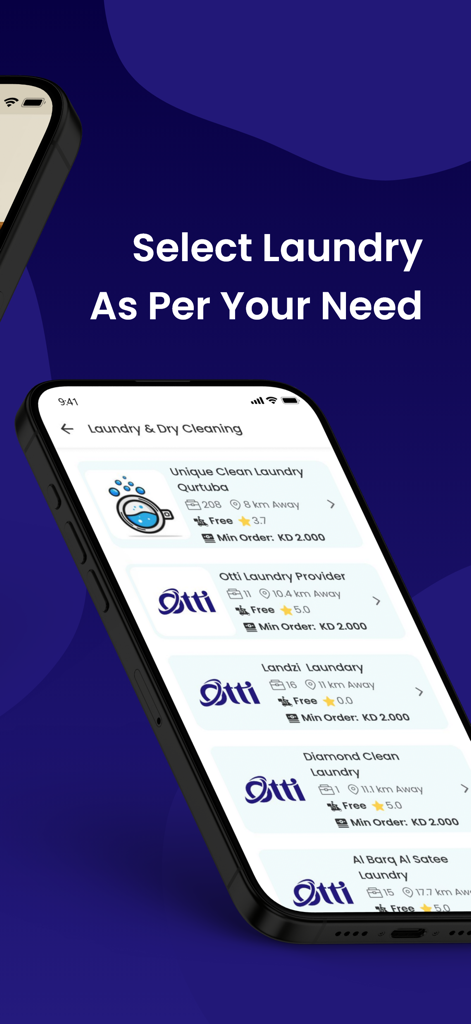 Otti App - Interfaz de la aplicación móvil para elegir entre varios proveedores de lavandería y tintorería