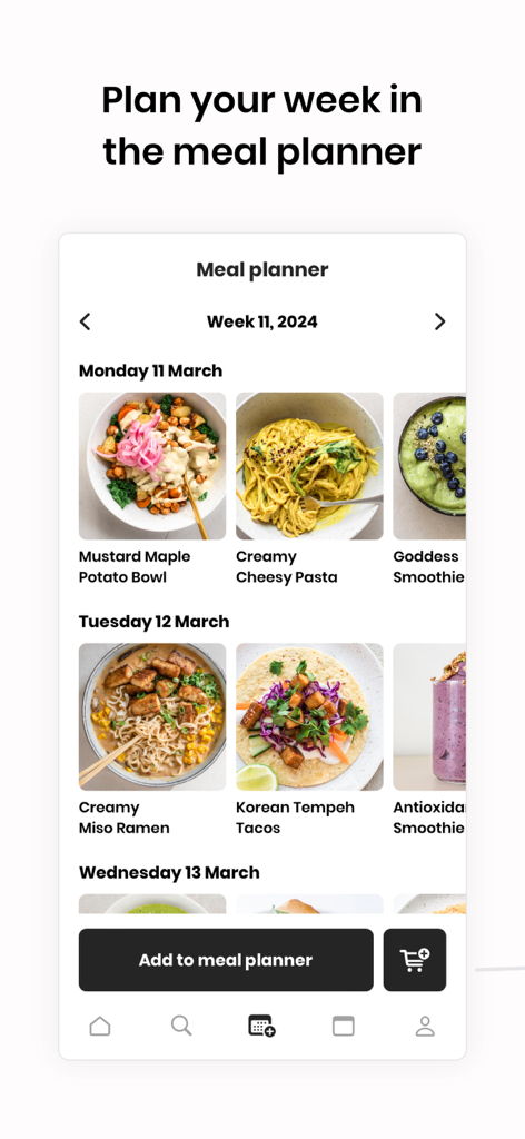 Fivesec Health by Alexandra - Weekly plant-based meal planner interface in the Fivesec Health app showing scheduled healthy recipes.