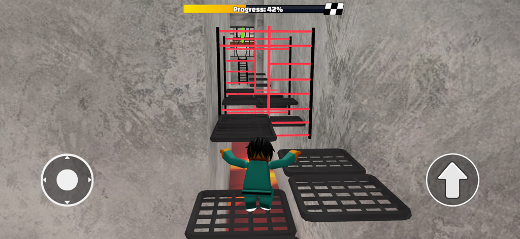 Prison Blox: Obby 3D Parkour - Un personaje cuadriculado 3D saltando sobre plataformas y láseres rojos en un nivel de parkour de escape de prisión