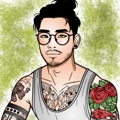 young attractive asian man with a man-bun, glasses, and tattoo's