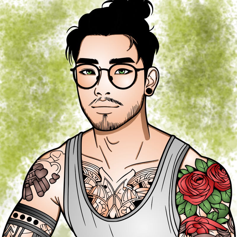 young attractive asian man with a man-bun, glasses, and tattoo's