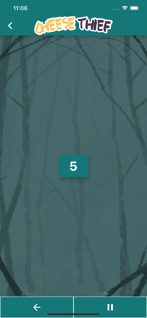 Cheese Thief Moderator - Pantalla de juego de la aplicación Cheese Thief Moderator mostrando un temporizador de cuenta regresiva con el número cinco sobre un fondo de bosque.