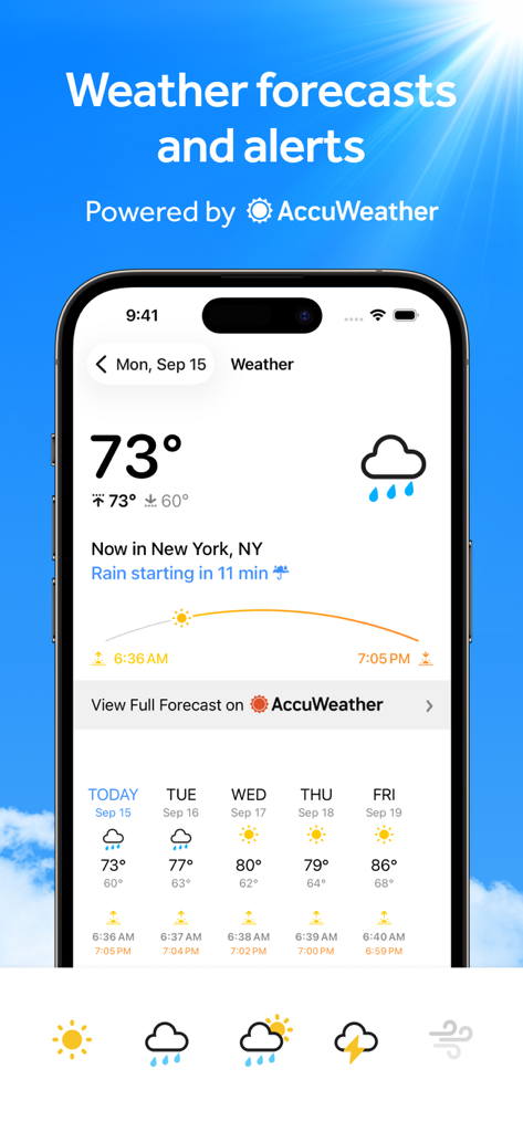 A screenshot of the Fantastical Calendar app displaying integrated weather forecasts and alerts