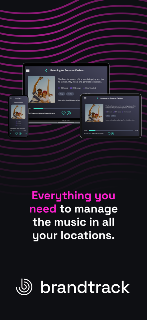 Brandtrack Player interface shown on a laptop, tablet, and smartphone for business music management across multiple locations