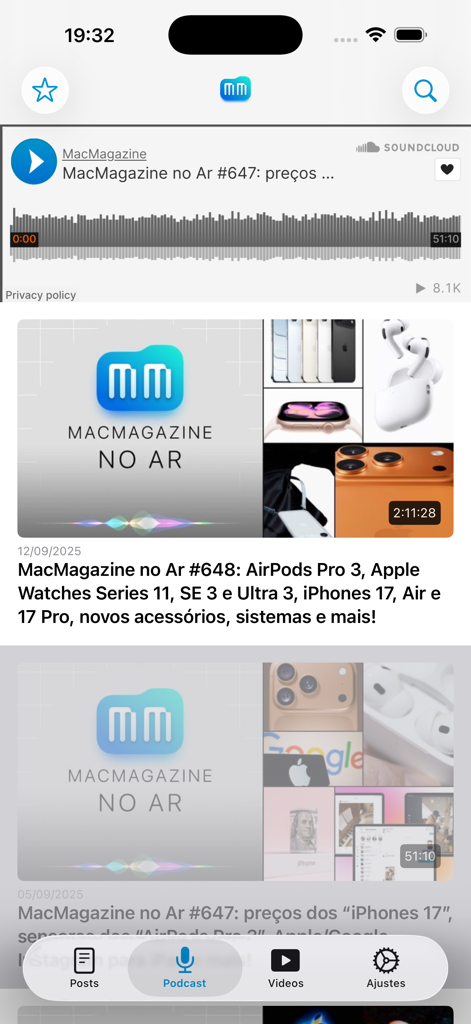 MacMagazine - MacMagazine mobile app podcast tab with Apple tech news episodes in Portuguese
