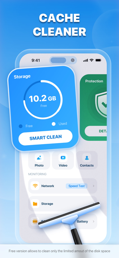 Cleaner AI - Mobile Security - Smartphone screen displaying Cleaner AI cache cleaner and storage monitoring tools