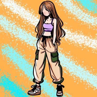 girl in baggy pants crop top and long hair