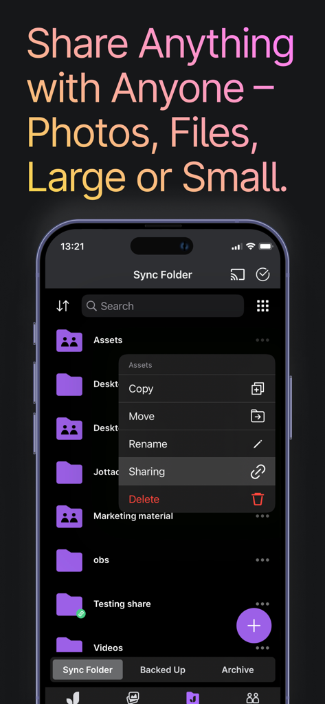 Jottacloud - Jottacloud mobile app interface on an iPhone showing file management and sharing options for sync folders.
