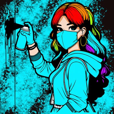 realistic girl with mask spray painting a wall
