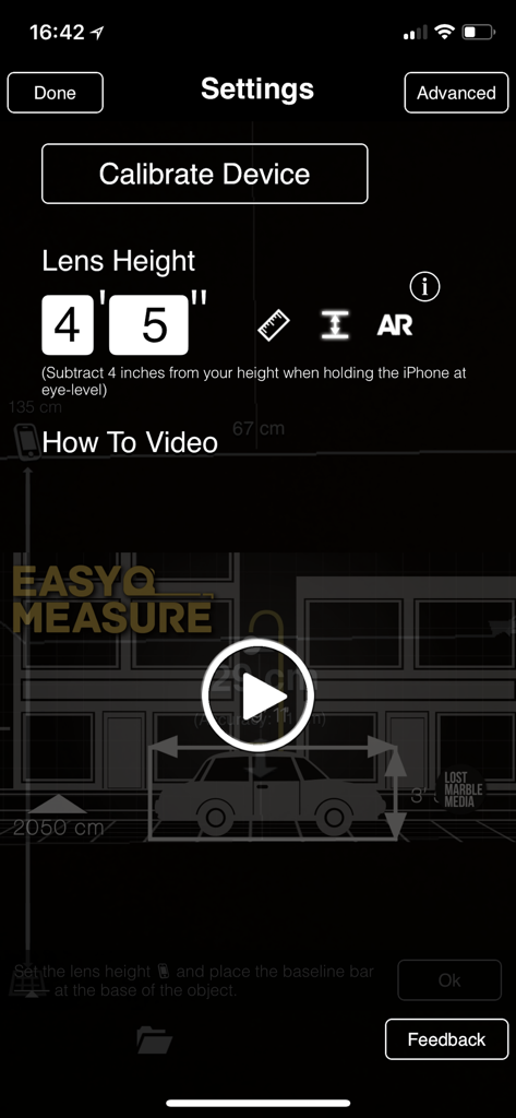 Pantalla de configuración de la app EasyMeasure mostrando la calibración de la altura de la lente y un video tutorial