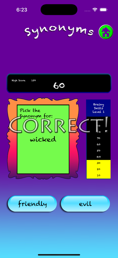 Brainy Skills app screen showing a correct answer for a synonym word challenge