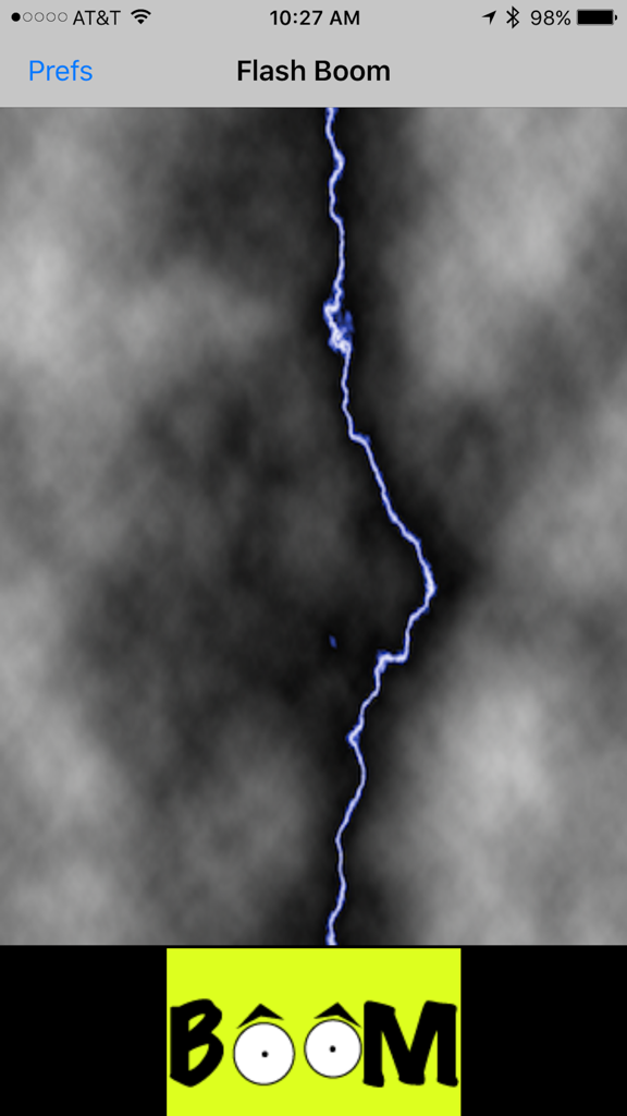 Flash Boom - Screenshot of the Flash Boom app interface featuring a lightning bolt over dark clouds and a yellow BOOM button.