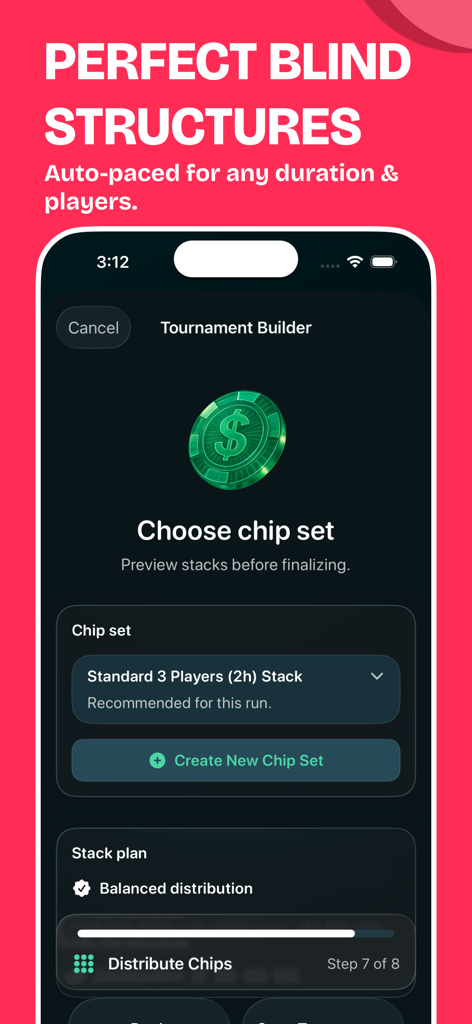 ポーカーチップセットとブラインド構造の選択のためのトーナメントビルダー画面。