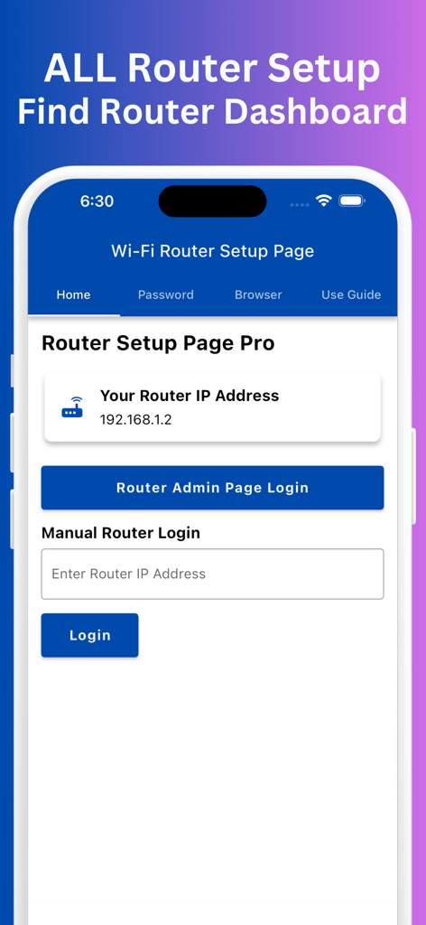 Router Setup Page Pro - Router Setup Page Pro home screen showing router IP address and admin login access