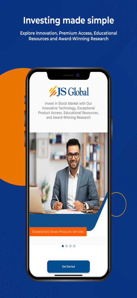 JS InvestPro - Welcome screen of the JS InvestPro app for Pakistan stock market investing featuring the headline Investing made simple