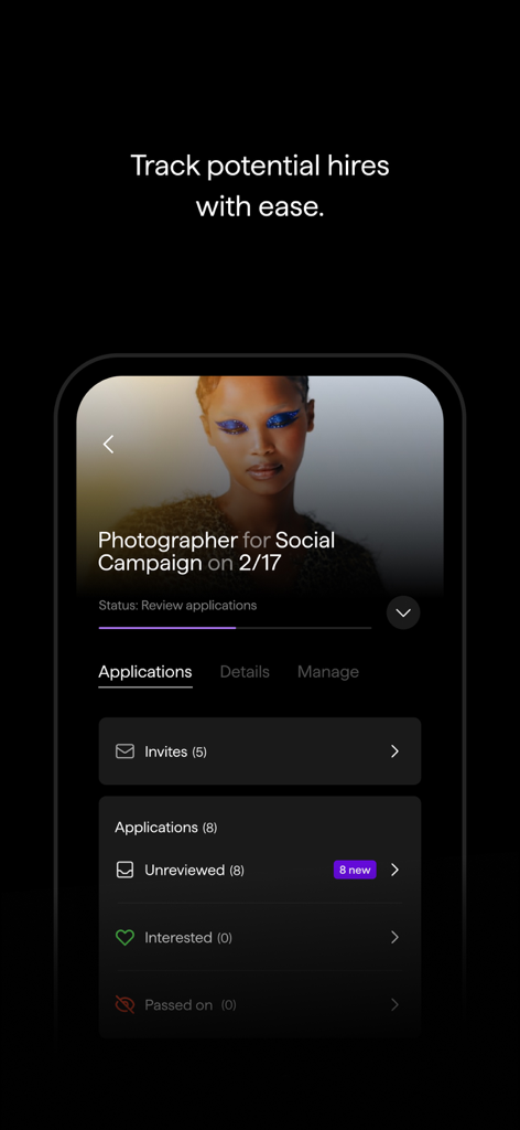 NOVA: The Creative Network - Interface de l'application NOVA montrant le suivi des candidatures pour une campagne sociale de photographe