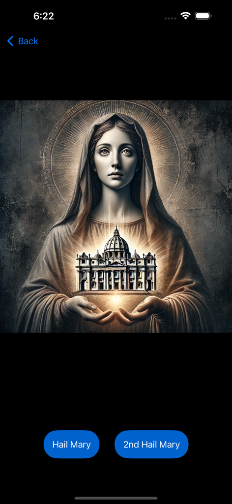 Little Crown of Mary - Digital illustration of the Virgin Mary holding a glowing basilica with Hail Mary prayer buttons below