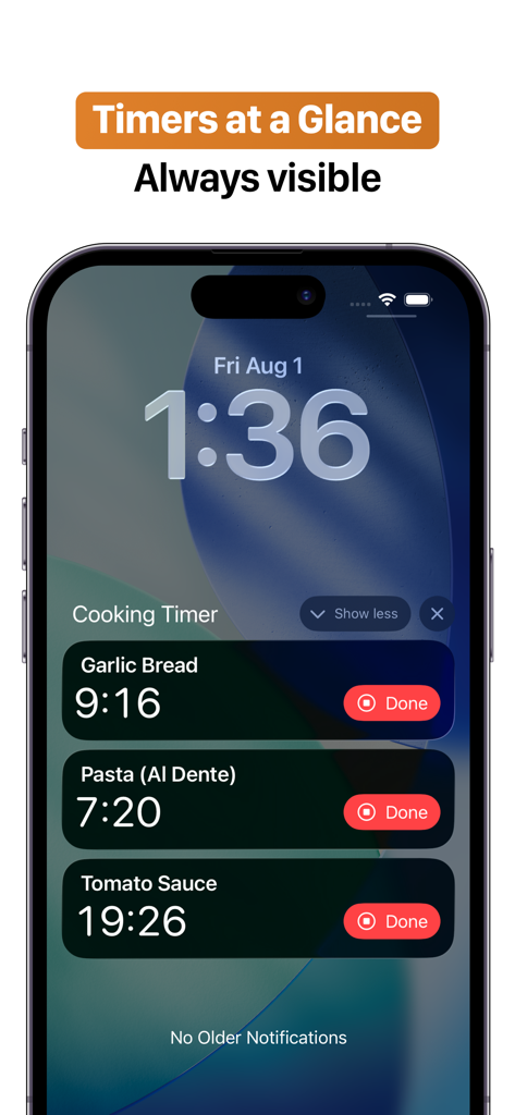 Cooking Timer+ Multiple Timers - iPhone lock screen showing three active cooking timers for garlic bread, pasta, and tomato sauce.