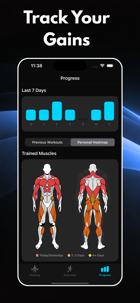 Calisthenics: CaliFit - CaliFit app progress screen showing a weekly workout bar chart and muscle group heatmap