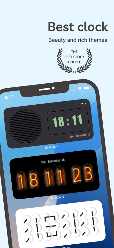 TickClock-Widget flipclock - iPhone screen displaying various aesthetic clock widgets including nixie tube and retro radio styles from the TickClock app