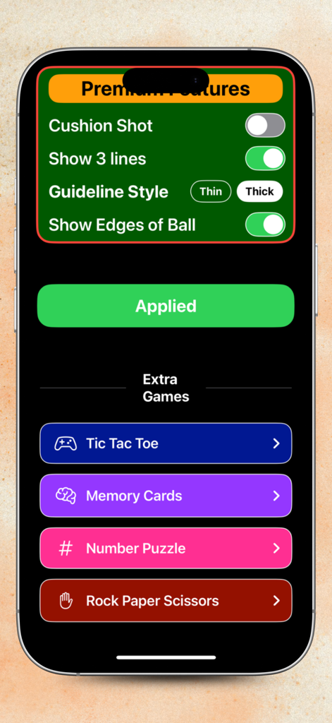 Cheto 8 ball pool - Cheto 8 Ball Pool app showing premium aim features and extra mini games menu.