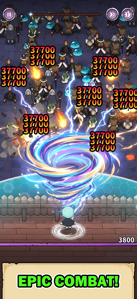 Dark Mage Defense: 66,666 - The Dark Mage character using a massive magic vortex spell to destroy waves of enemy monsters in battle