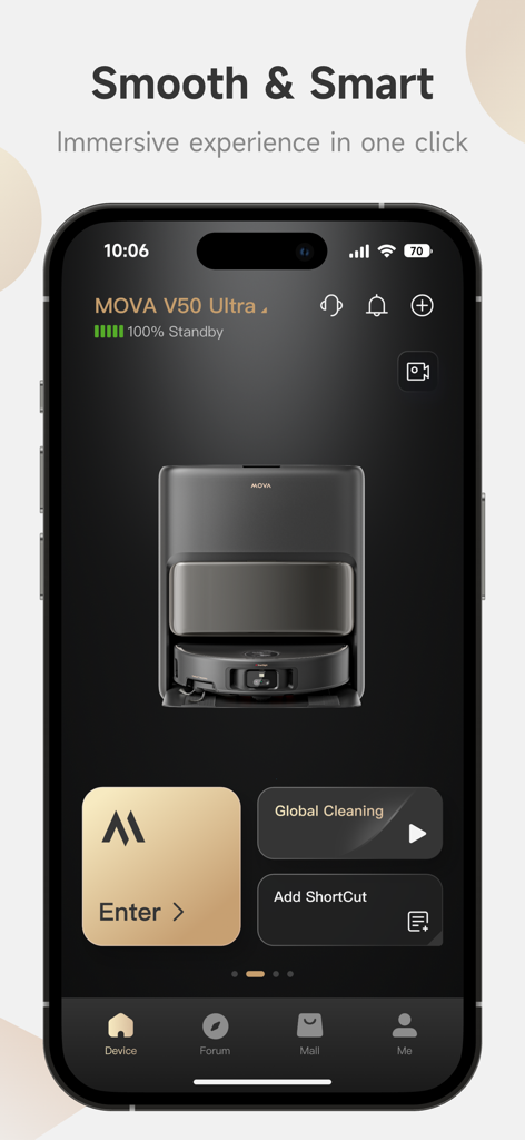 MOVAhome - Interface de l'application MOVAhome affichant un robot aspirateur MOVA en veille avec des options de contrôle de nettoyage globales