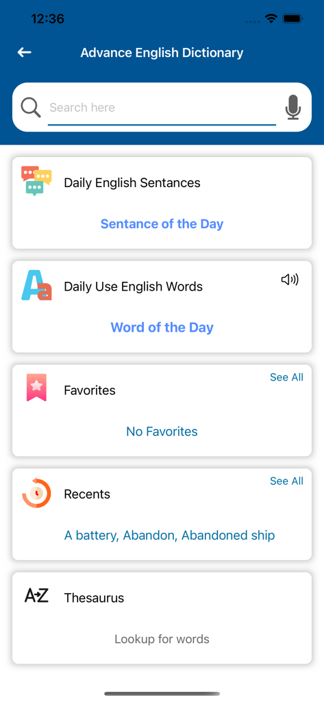 Advance English Dictionary app interface showing features like word of the day and thesaurus