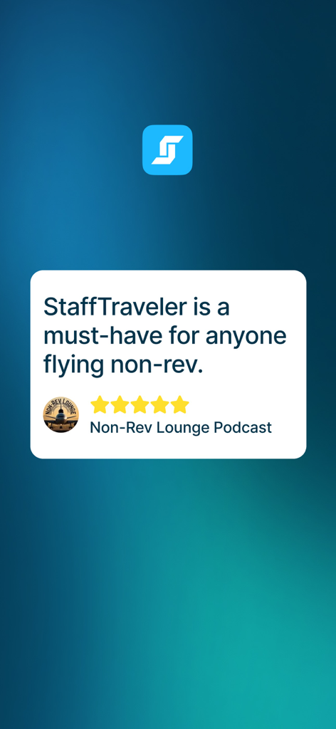 Testimonio del podcast Non-Rev Lounge afirmando que StaffTraveler es imprescindible para cualquiera que vuele en non-rev