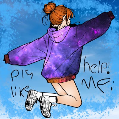 realistic girl jumping with a bun and oversized sweatshirt