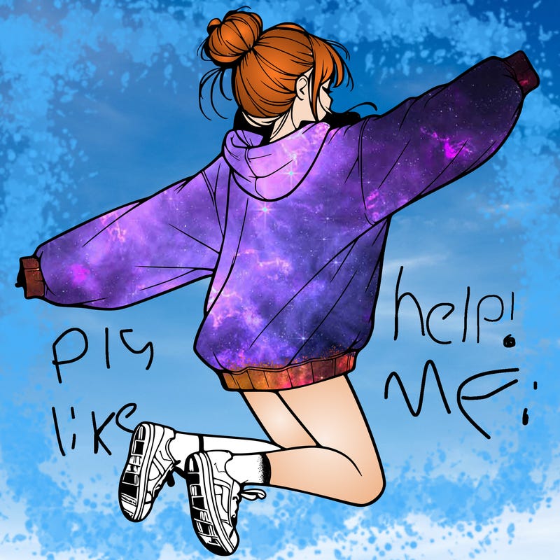 realistic girl jumping with a bun and oversized sweatshirt