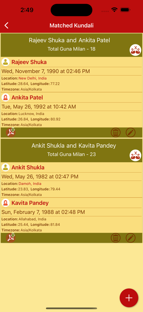 Hindu Calendar - Drik Panchang - Matched Kundali screen in the Drik Panchang app showing horoscope compatibility and Guna Milan scores for couples.