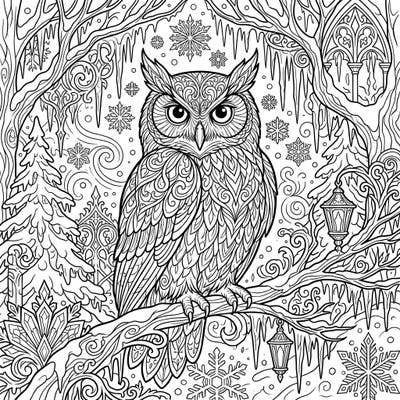 Discover a majestic owl perched in a mystical winter forest, surrounded by intricate gothic details and delicate snowflakes. This captivating coloring page offers a unique blend of nature's beauty and dark elegance, perfect for a relaxing creative escape.