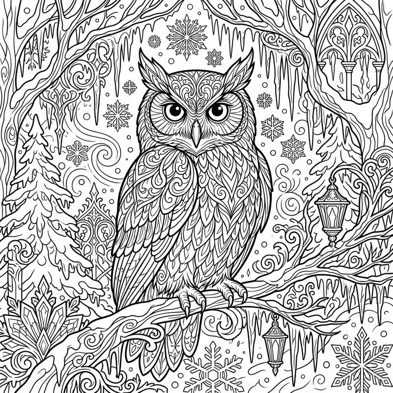 Discover a majestic owl perched in a mystical winter forest, surrounded by intricate gothic details and delicate snowflakes. This captivating coloring page offers a unique blend of nature's beauty and dark elegance, perfect for a relaxing creative escape.