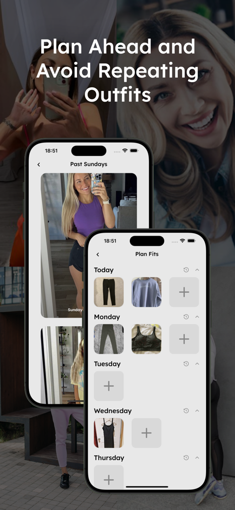 FitCheck: Outfit of the Day - 주간 의상 플래너와 과거 의상 기록을 보여주는 모바일 앱 화면으로 사용자가 미리 계획하고 반복을 피하도록 돕습니다
