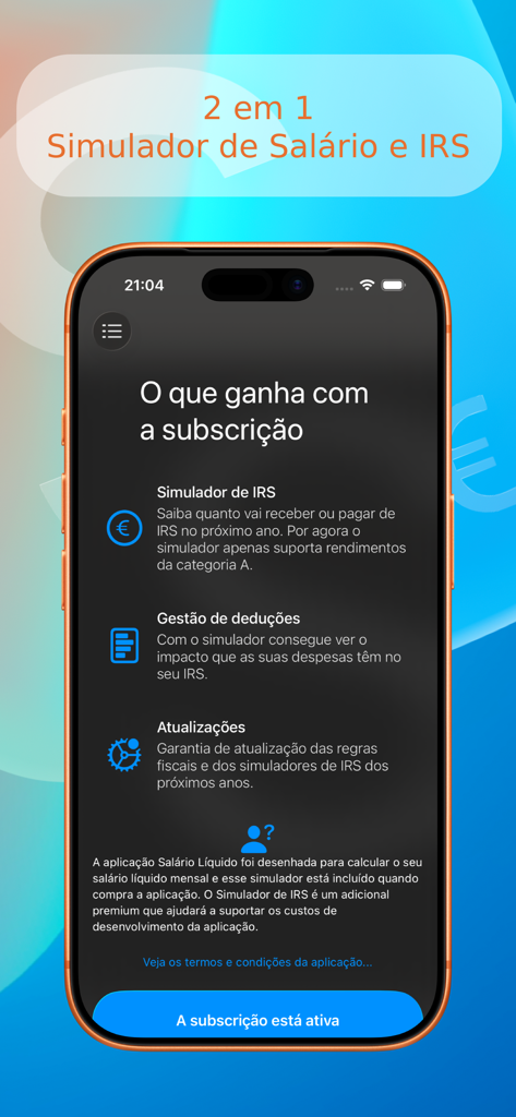 Interface of Salário Líquido app displaying premium subscription features like IRS simulation and tax updates