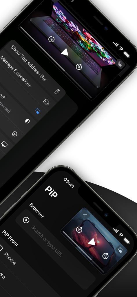 Pantallas de iPhone mostrando la interfaz de la aplicación PiP y la extensión de Safari para multitarea