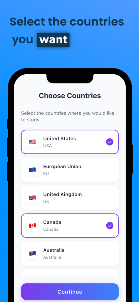 Penguni app screen for choosing target study countries like United States and Canada during the university search process