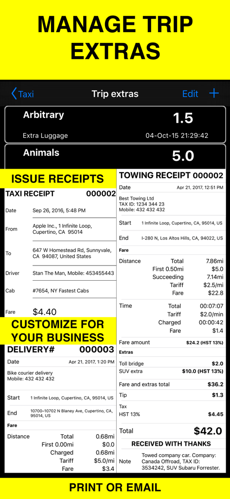 Interface of the Taximeter app showing trip extras management and customized receipts for taxi towing and delivery services