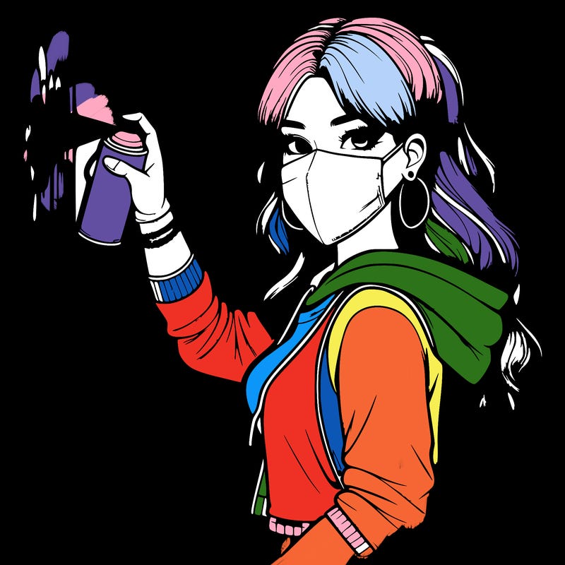 realistic girl with mask spray painting a wall