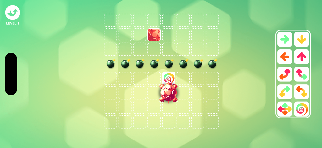 Turtle Logic 2 - Turtle Logic 2 gameplay showing a turtle on a grid with bombs and arrow control icons