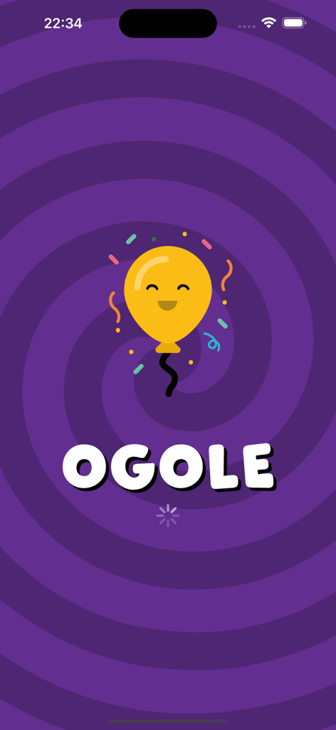 OGole - Party game - OGole app splash screen with a happy yellow balloon and purple spiral background