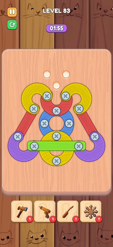 Screw Match: Puzzle Game - Level 83 gameplay of Screw Match showing colorful wooden pieces secured by metal screws on a board.