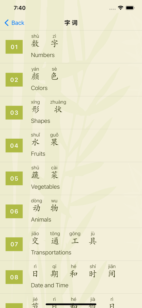 Learn Daily Chinese - A list of Mandarin Chinese vocabulary categories including Numbers, Colors, and Shapes with Hanzi, Pinyin, and English translations.
